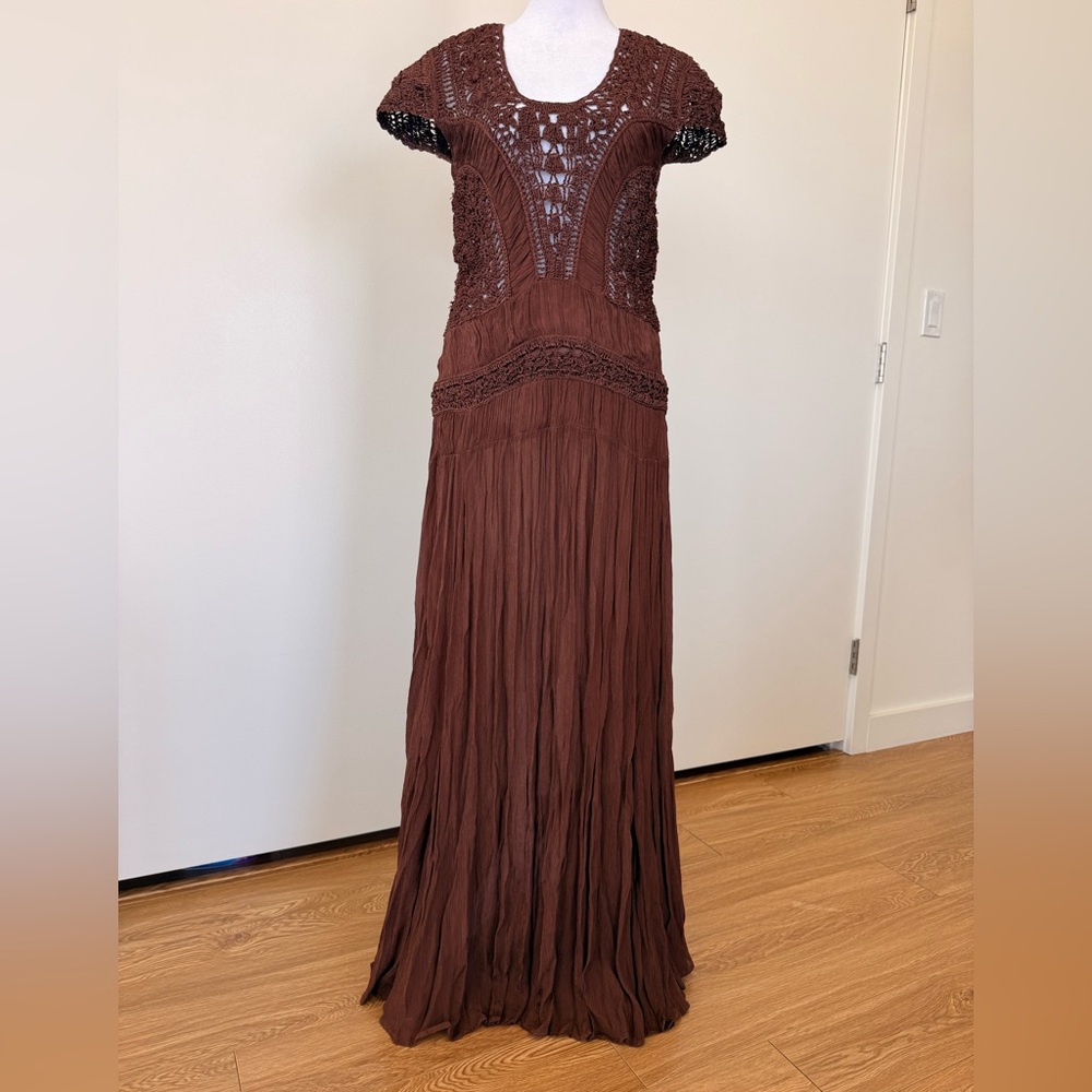 Elegant Brown Maxi Dress with Intricate Detailing